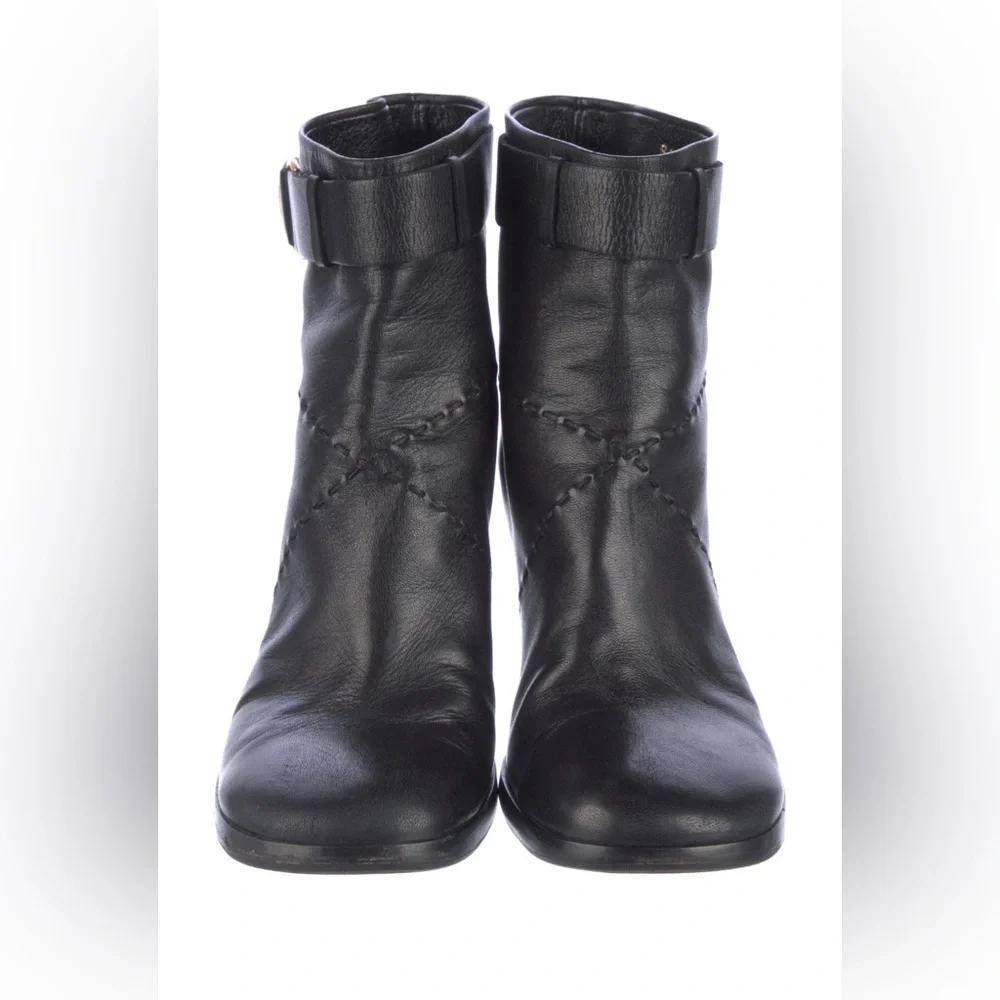 Chanel Black Ankle Boots Heels 38.5 Booties CC Interlocking Logo Leather Vintage